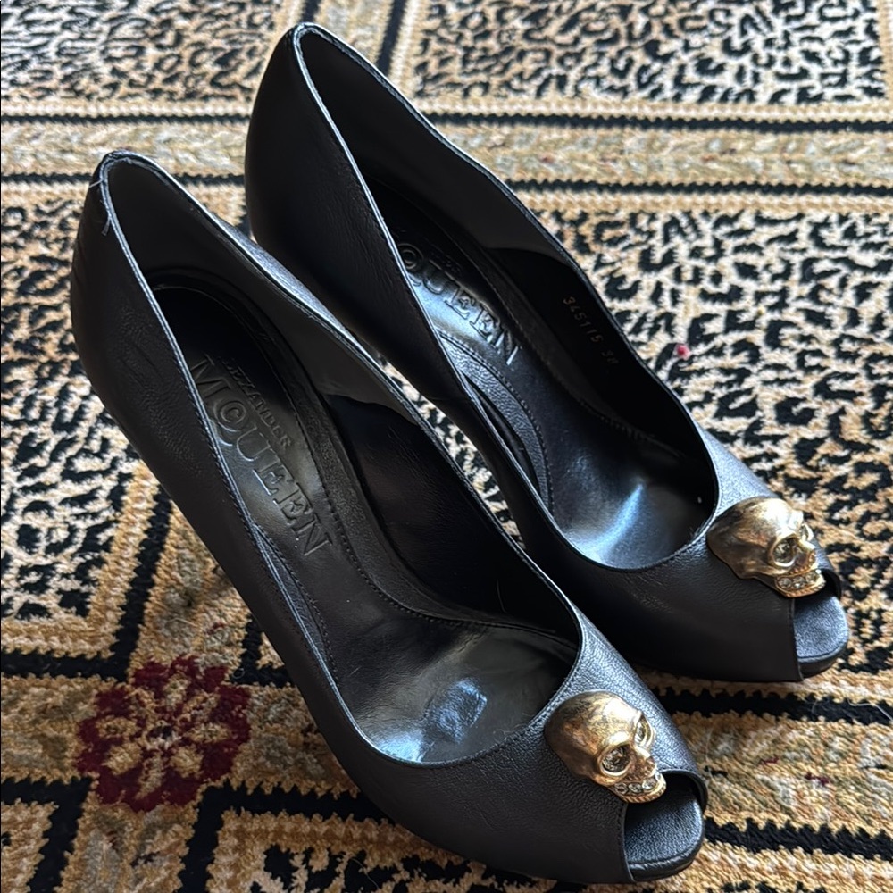 Alexander McQueen Black Peep Toe Heels with Gold Skull